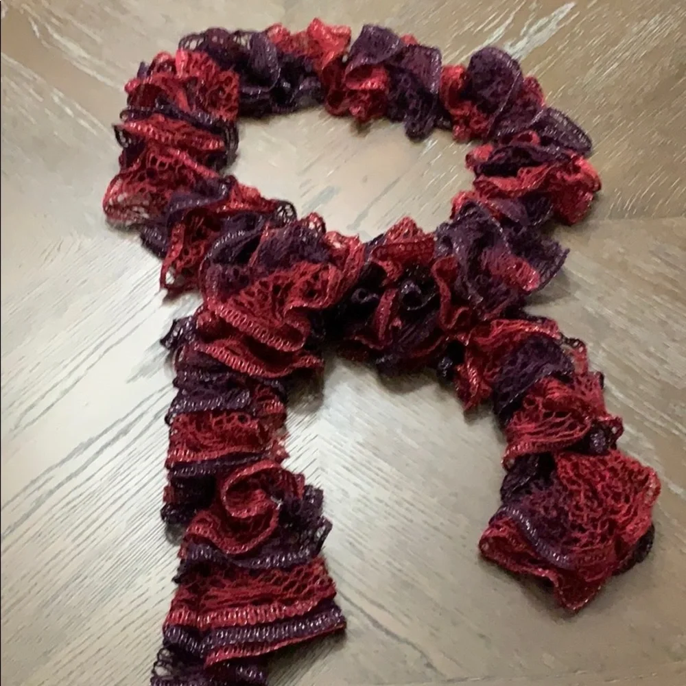 Deep red, plum & silver hand crocheted scarf